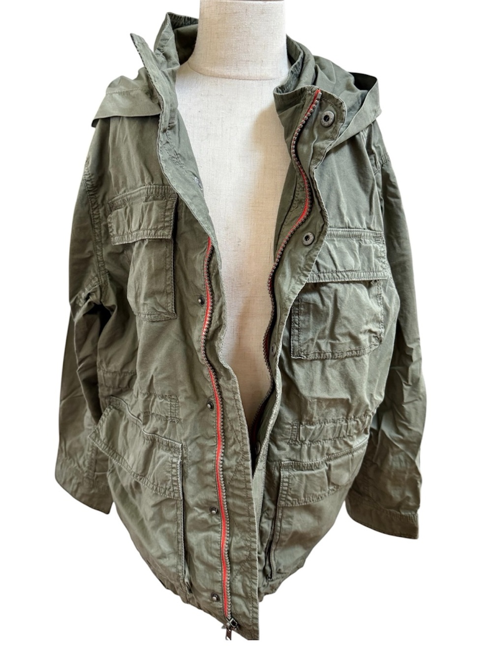 GAP Olive Green Military Field Utility Lined Jacket 100% Cotton Red-Trim Zipper